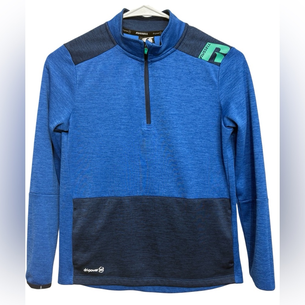 Russell Athletic Youth Zip Pullover Blue Navy Green Dripower 360 Top Large 10/12